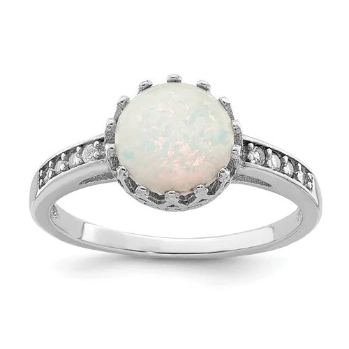 Ladies Rings with Sky Celestite-Sterling Silver CZ and Round Created Opal Crown Set Ring