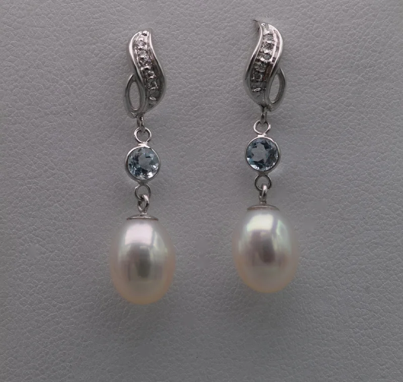 Ladies Earrings with Diamond Spark-14K white gold pearl drop earrings with Diamonds and Blue Topaz