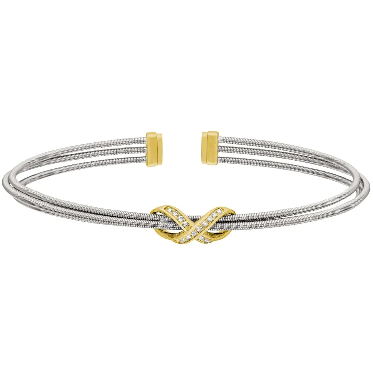 Oval charm bracelets -Rhodium Finish Sterling Silver Three Cable Cuff Bracelet with Gold Finish Simulated Diamond Infinity