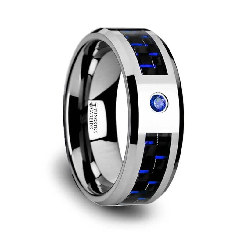 Ladies Rings Flexible Shine-Thorsten NEPTUNE Tungsten Carbide Ring Black Blue Carbon Fiber Blue Sapphire Setting with Bevels - 8mm