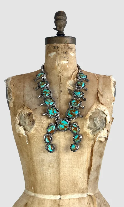 Ladies enchanted bloom necklaces -SQUASH BLOSSOM Large Royston Turquoise & Silver Necklace