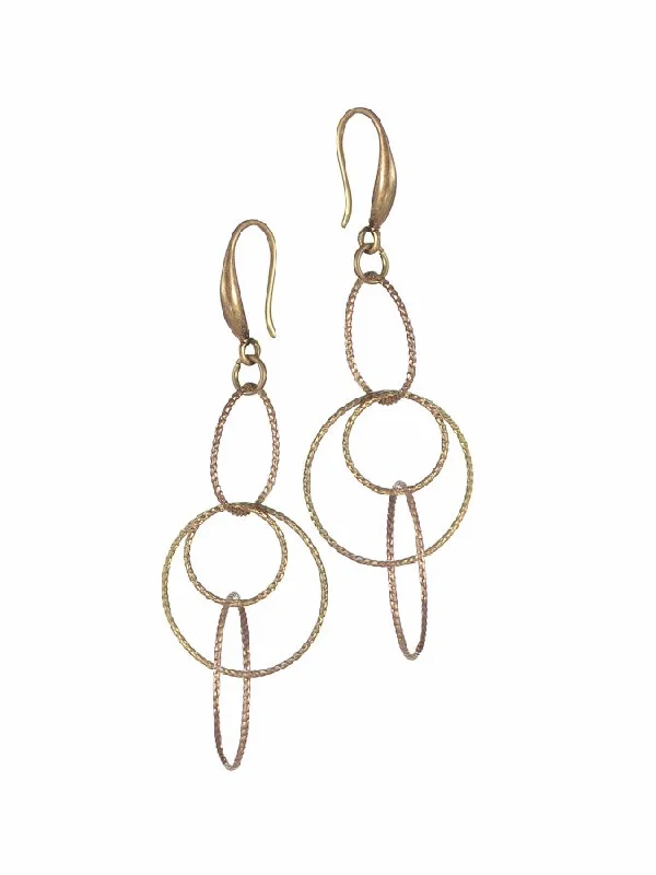 Ladies Earrings with White Phenakite-Hot Tomato Twisted Ring Drop Earrings in Worn Gold