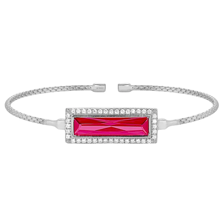 Square edge bracelets -Rhodium Finish Sterling Silver Cable Cuff Bracelet with Rectangular Simulated Ruby Stone and Simulated Diamonds