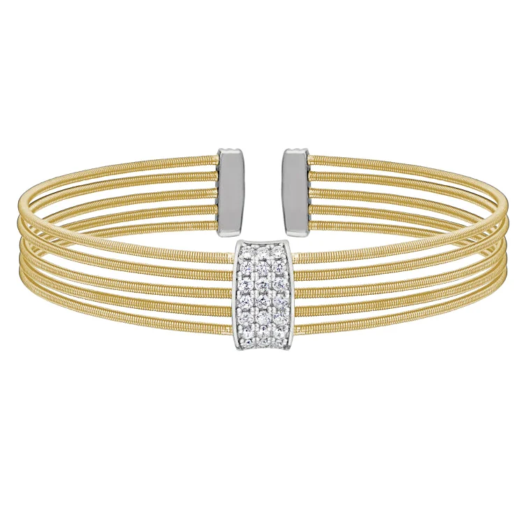 Fauna inspired bracelets -Gold Finish Sterling Silver Multi Cable Cuff Bracelet with Rhodium Finish Simulated Diamond Three Rows