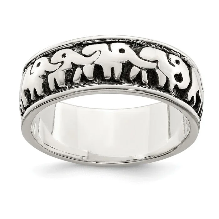 Ladies Rings Wave Shine-Sterling Silver Polished And Antiqued Elephant Family Parade Ring