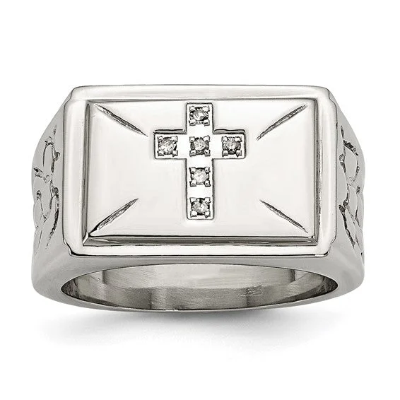 Ladies Rings for Gala Shine-Stainless Steel Diamond Cross With Textured Sides Ring