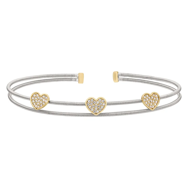 Zirconia brilliance bracelets -Rhodium Finish Sterling Silver Two Cable Cuff Bracelet with Gold Finish Simulated Diamond Hearts