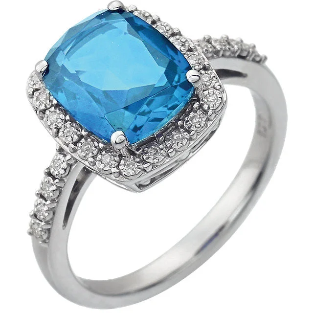 Ladies Rings with Brown Andalusite-14k White Gold 10x8 Cushion Swiss Blue Topaz & Diamond Halo Ring