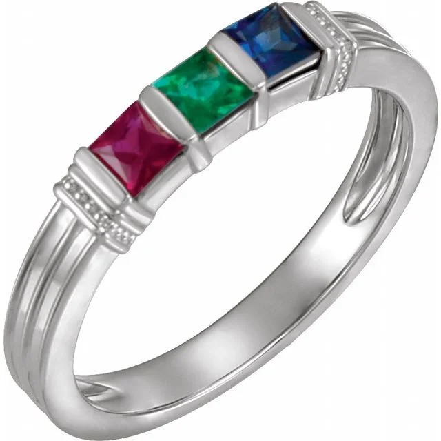 Ladies Rings with Crystal Glow-Square Channel Set Intricate Side Family Birthstone Ring