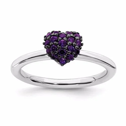 Ladies Rings with White Colemanite-Sterling Silver Amethyst Stackable Expressions Heart Ring