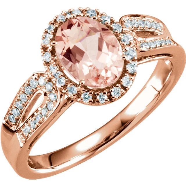 Ladies Rings Pearl Spark-14k Gold Oval Morganite & 1/5 CTW Diamond Halo Double Shank Ring - White or Rose