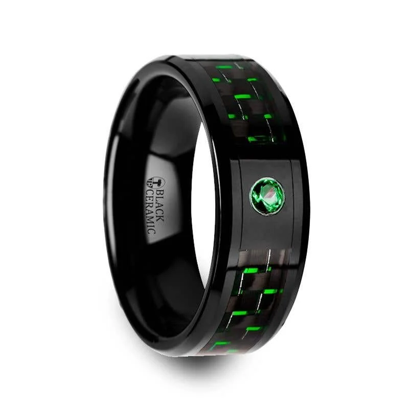 Ladies Rings with Soft Morganite-Thorsten HADAR Black Ceramic Ring Black and Green Carbon Fiber Emerald Setting - 8mm