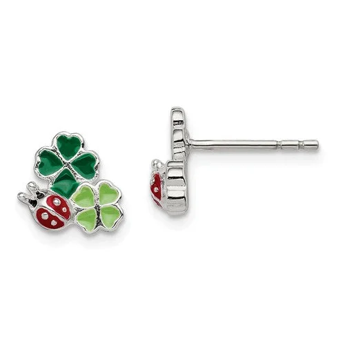 Ladies Earrings with White Leucite-Sterling Silver Enamel Ladybug And 4 Lead Clovers Kid's Post Earrings