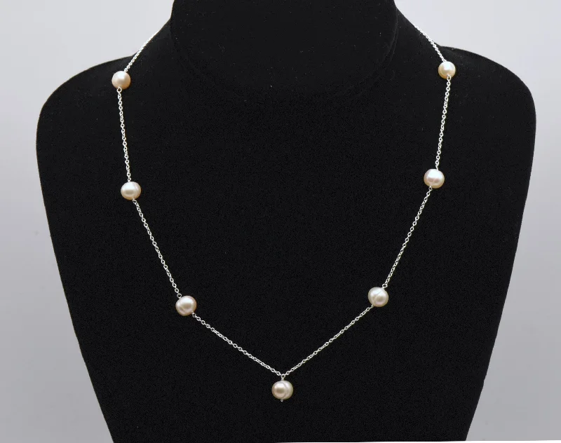 Ladies understated minimal necklaces -Sterling Silver Pearl Station Necklace - 18"