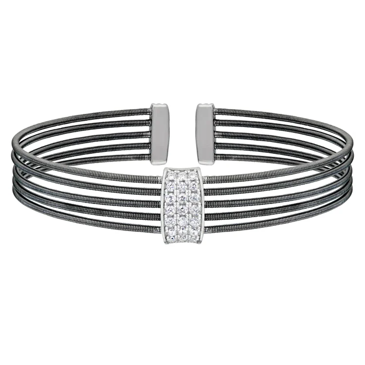 Empowering glow bracelets -Black Rhodium Finish Sterling Silver Multi Cable Cuff Bracelet with Rhodium Finish Simulated Diamond Three Rows