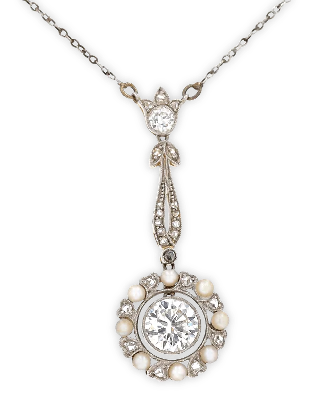 Ladies twinkling diamond necklaces -Edwardian Pearl and Diamond Necklace, 1.00 carat