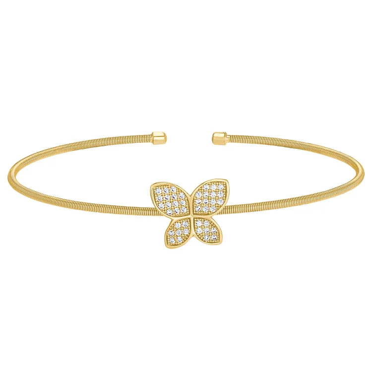 Soothing charm bracelets -Gold Finish Sterling Silver Cable Cuff Butterfly Bracelet with Simulated Diamonds