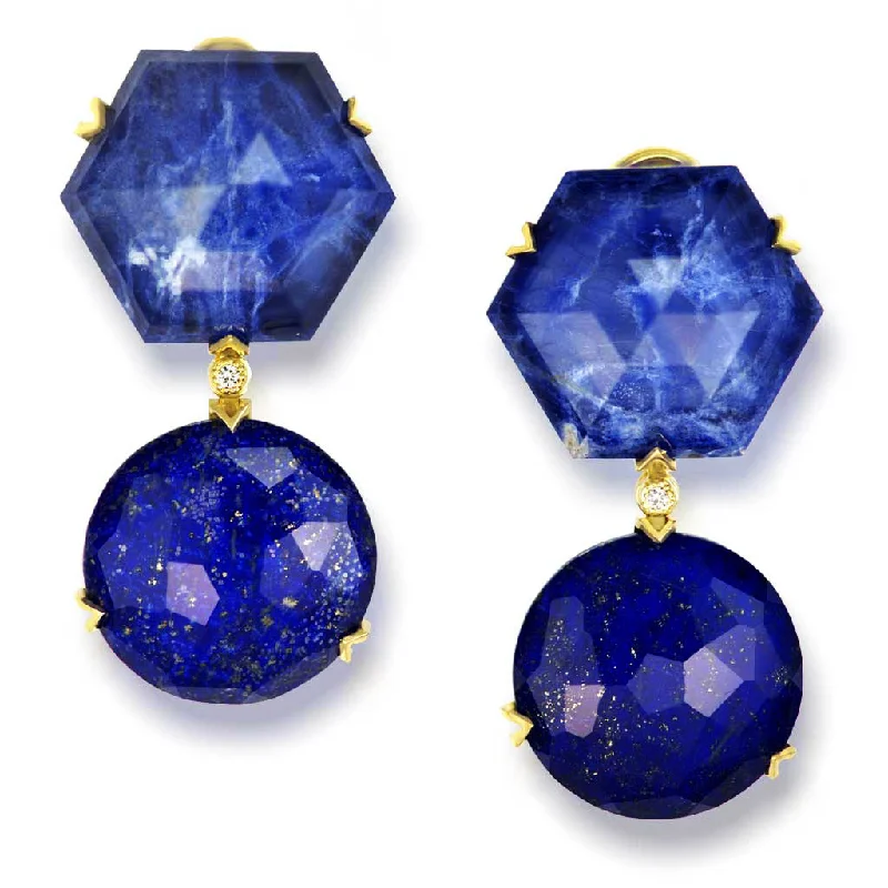 Ladies Earrings for Aunt Glow-Gold Denim Drop Earrings with Lapis Lazuli & Diamonds