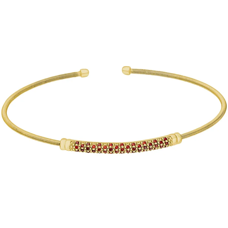 Carefree boho bracelets -Gold Finish Sterling Silver Cable Cuff Bracelet with Three Rows of Simulated Ruby Birth Gems - July