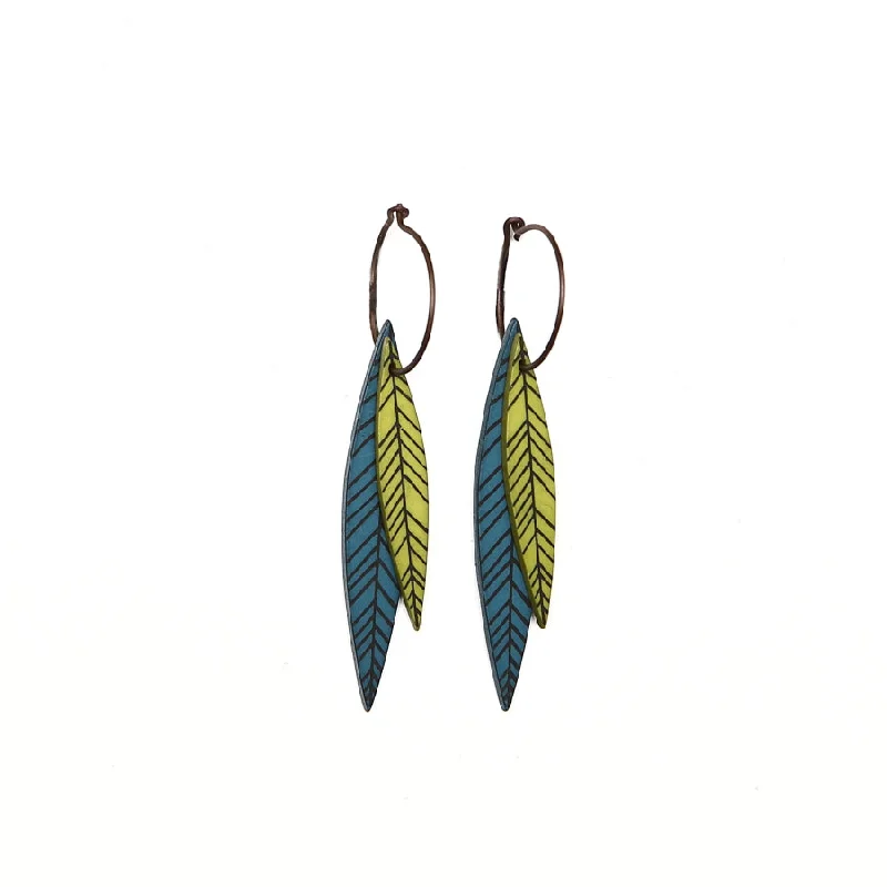 Ladies Earrings with Blue Shattuckite-Lene Lundberg K-Form Teal and Chartreuse Long Leaf Earrings