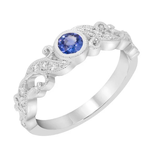 Ladies Rings for Casual Glow-14k White Gold Blue Sapphire Bezel and Diamond Filigree Ring