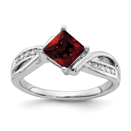 Ladies Rings with Dark Obsidian-14k White Gold Garnet Square and Diamond Ring