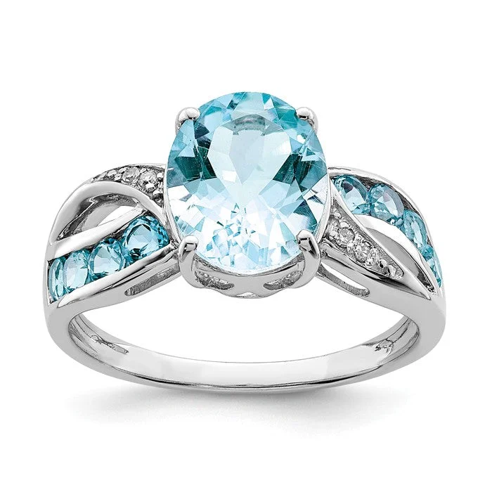 Ladies Rings with Filigree Glow-Sterling Silver Diamond & Light Swiss Blue Topaz Oval Ring