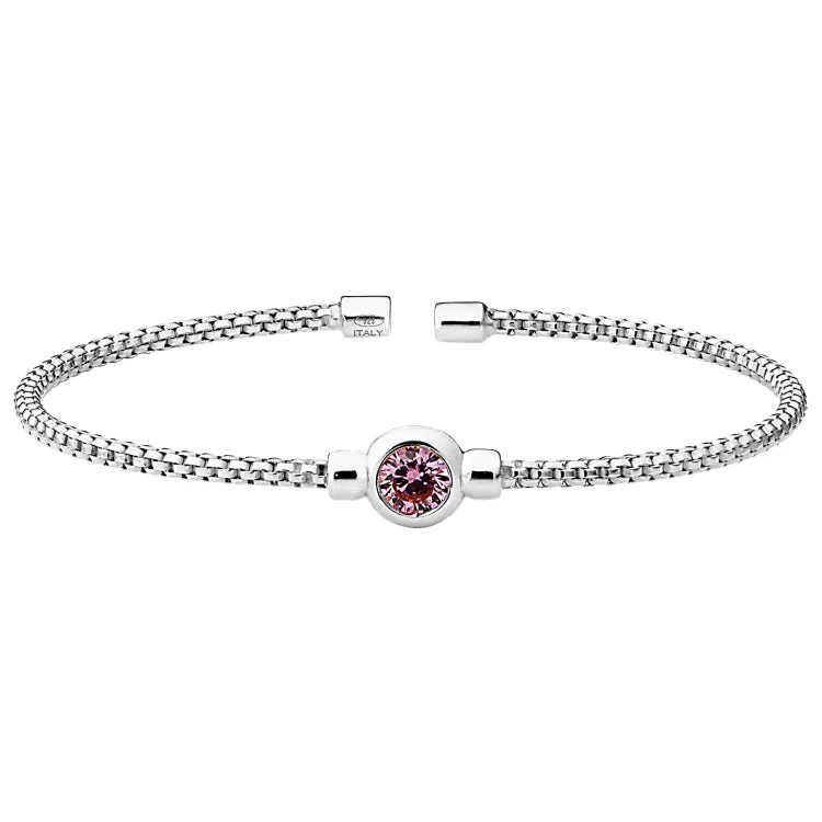 Passionate red bracelets -Rhodium Finish Sterling Silver Rounded Box Link Cuff Bracelet with Bezel Set Simulated Pink Sapphire Birth Gem