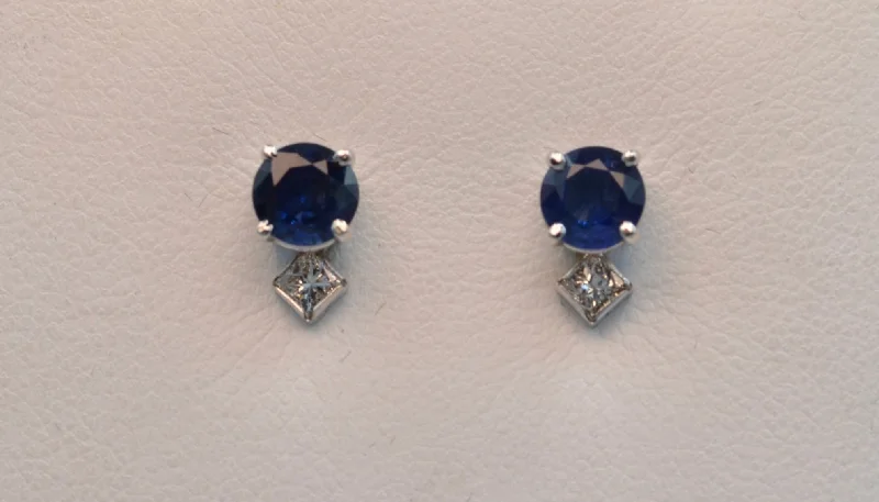 Ladies Earrings with Milky Moonstone-14K white gold Sapphire Stud earrings with square diamonds