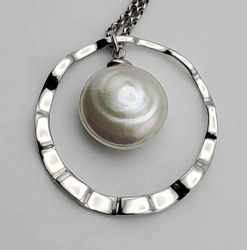 Ladies oval charm necklaces -Large Faux Button Pearl Modern Sterling Silver Pendant on Sterling Silver Chain Necklace