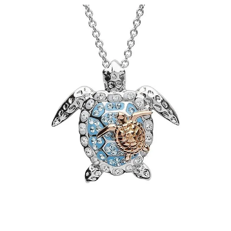 Ladies multicolored prism necklaces -Ocean : Blue Crystal Turtle With Baby Pendant Silver and Rose Gold Necklace