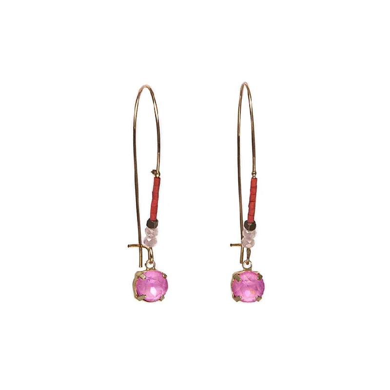 Ladies Earrings with Yellow Herderite-Hot Tomato Pink Crystal Drop-on Elongated Beaded Hook Earrings