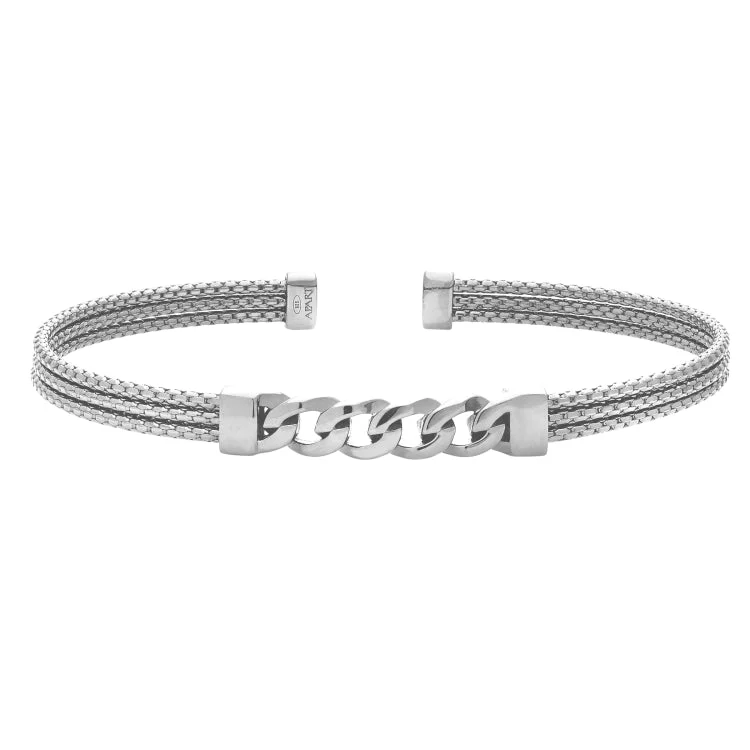 Tactile texture bracelets -Rhodium Finished Sterling Silver 3 Cable Curb Link Cuff Bracelet