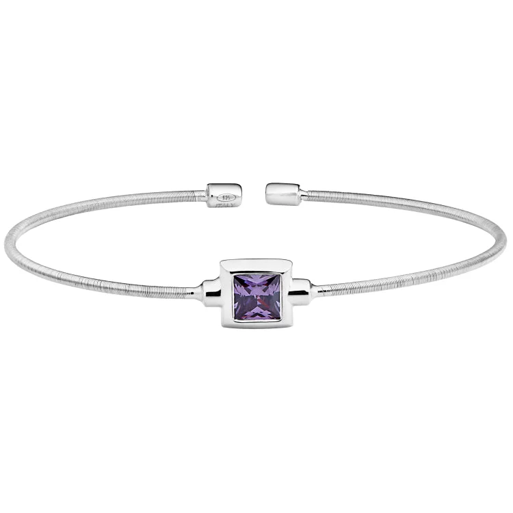 Throwback retro bracelets -Rhodium Finish Sterling Silver Cable Cuff Bracelet with Princess Cut Simulated Light Amethyst Birth Gem