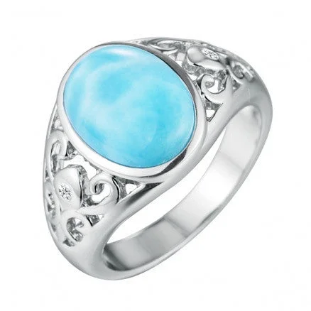 Ladies Rings Dark Glow-Sterling Silver Alamea Hawaii Oval Larimar Filigree Ring