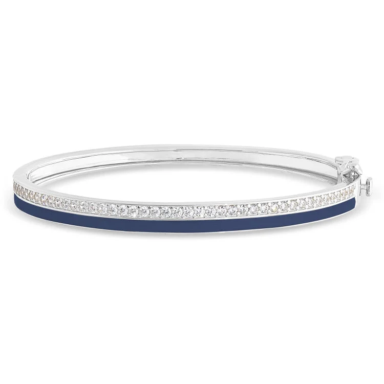 Club pride bracelets -Platinum Finish Sterling Silver Micropave Hinged Bangle Bracelet with with Navy Enamel and Simulated Diamonds