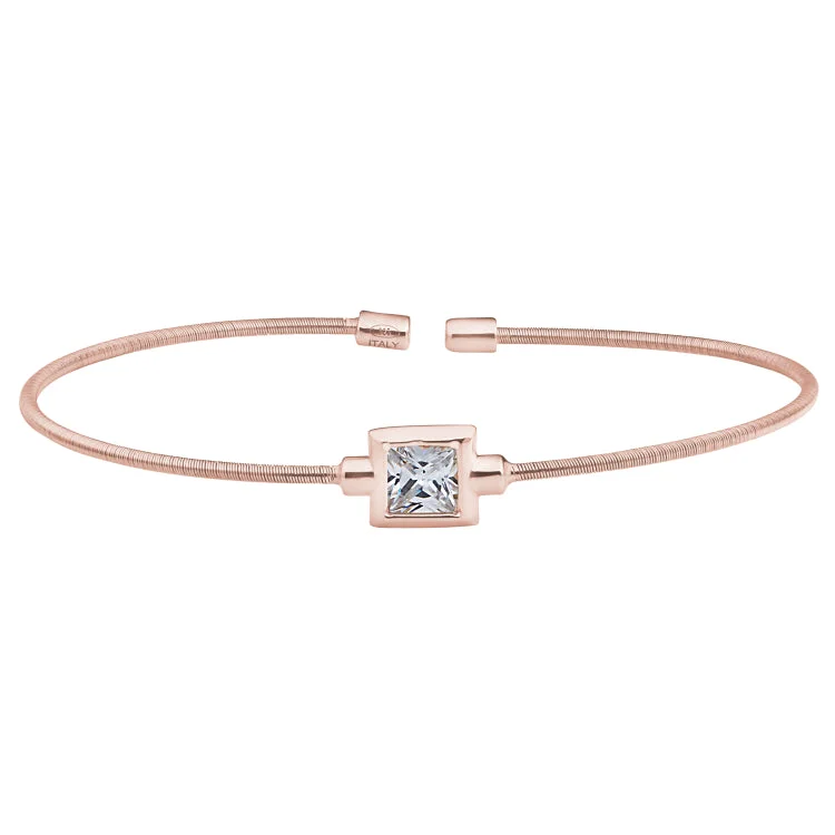 Expansive wide bracelets -Rose Gold Finish Sterling Silver Cable Cuff Bracelet with Princess Cut Simulated Diamond Birth Gem