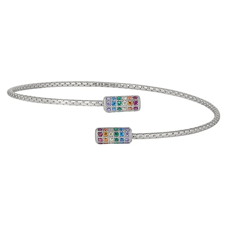 Round glow bracelets -Rhodium Finish Sterling Silver Corean Cable Cuff Bracelet with Rainbow Colored Simulated Diamonds on Each End