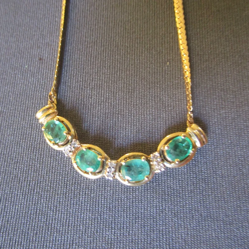 Ladies futuristic gleam necklaces -Superb 14k Gold Emerald And Diamond Set Necklace Vintage Italy circa 1990