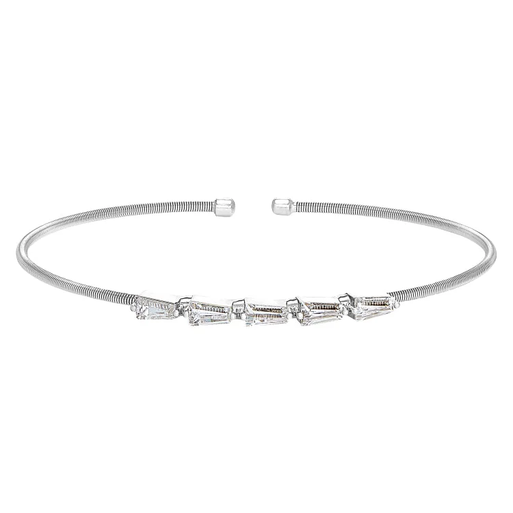 Sibling bond bracelets -Rhodium Finish Sterling Silver Cable Cuff 5 Tapered Baguettes Bracelet with Simulated Diamonds