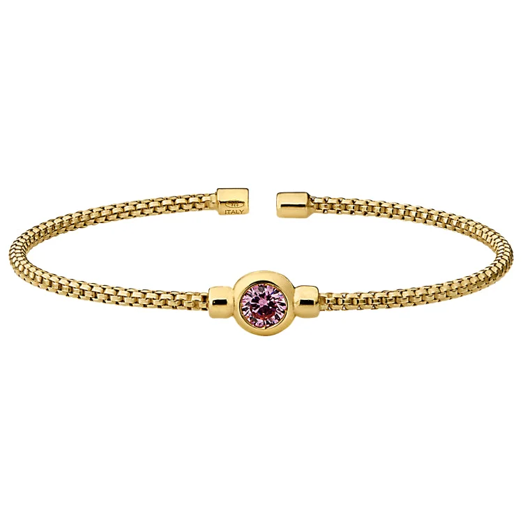 Feline grace bracelets -Gold Finish Sterling Silver Rounded Box Link Cuff Bracelet with Bezel Set Simulated Pink Sapphire Birth Gem