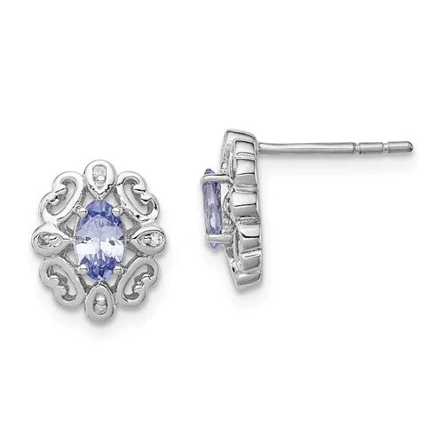 Ladies Earrings with Lock Glow-Sterling Silver Diamond & Tanzanite Oval Earrings