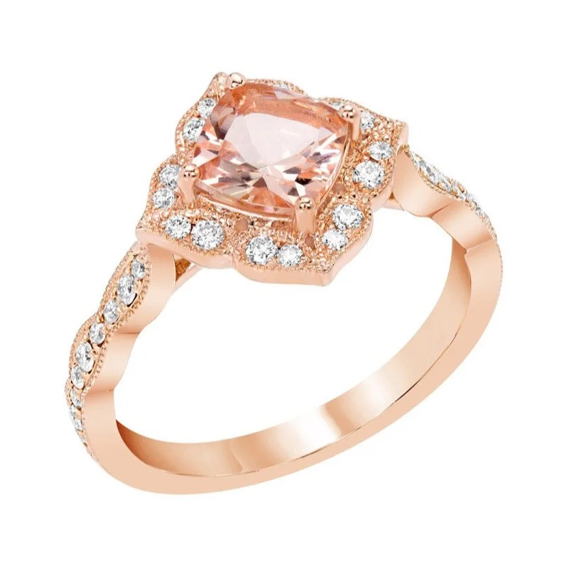 Ladies Engagement Rings with Garnet Glow-14k Rose Gold Cushion Cut Morganite Diamond Halo Engagement Ring