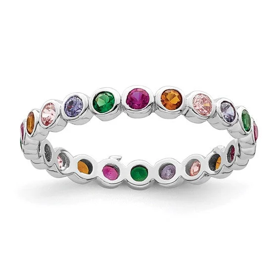 Ladies Rings in Rose Shine-Sterling Silver Multi Color Bezel Set Band Ring