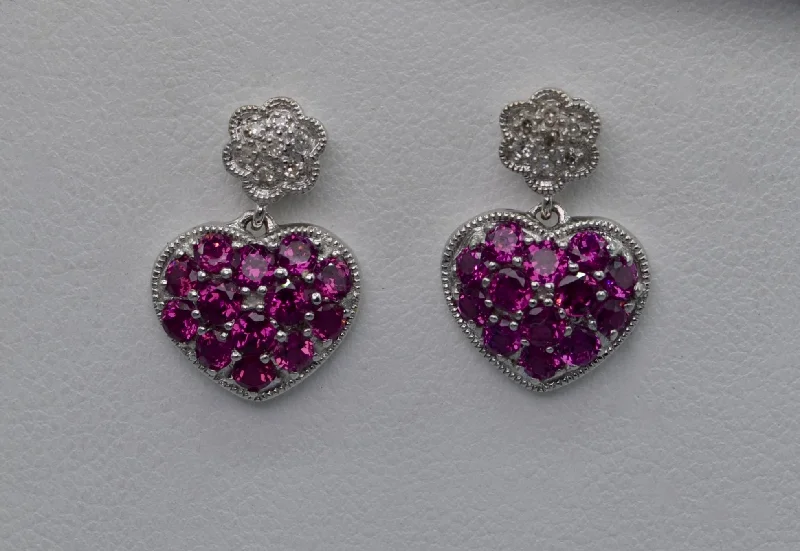 Ladies Earrings with Orbit Drops-14K white gold heart-shaped dangle earrings with Pink Garnets and Diamonds