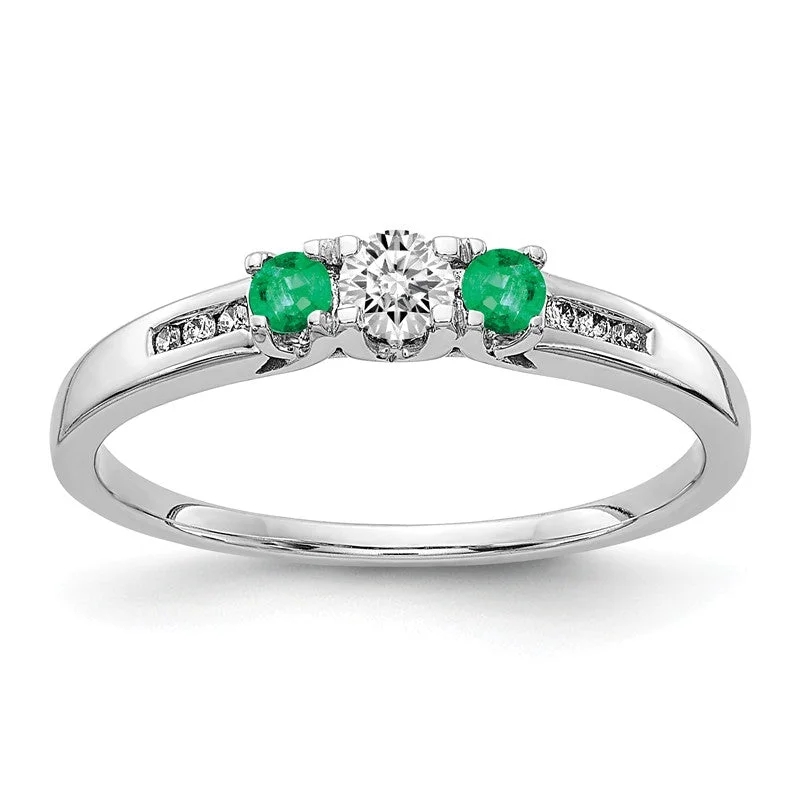 Ladies Rings for Volunteer Glow-14k White Gold Diamond & Emerald 3-Stone Ring