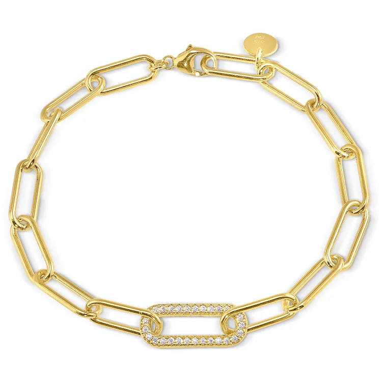 Planetary orbit bracelets -Gold Finish Sterling Silver Micropave 7.5" Paper Clip Bracelet with a Single Link with Simulated Diamonds