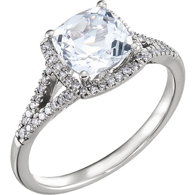 Ladies Rings for Hero Spark-14K White Gold 7mm Cushion Cut Created White Sapphire & Diamond Halo Ring