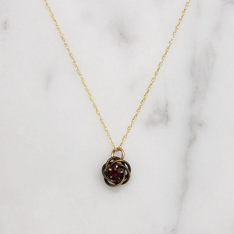 Ladies rich ruby necklaces -Engraved Gold & Garnet Wee Love Knot Necklace