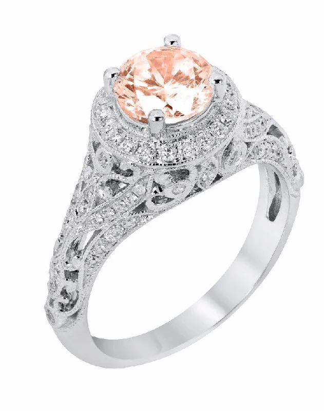 Ladies Engagement Rings Affordable Glow-14k White Gold Round Morganite and Diamond Halo Vintage Style Engagement Ring